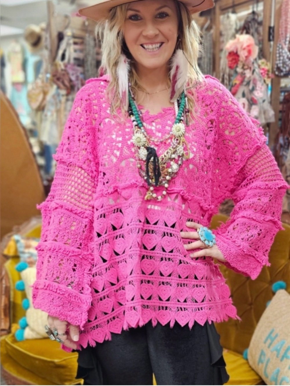 NWT A Rare Bird Hand Crochet Magenta Heart Top | One Size | Up to 2x